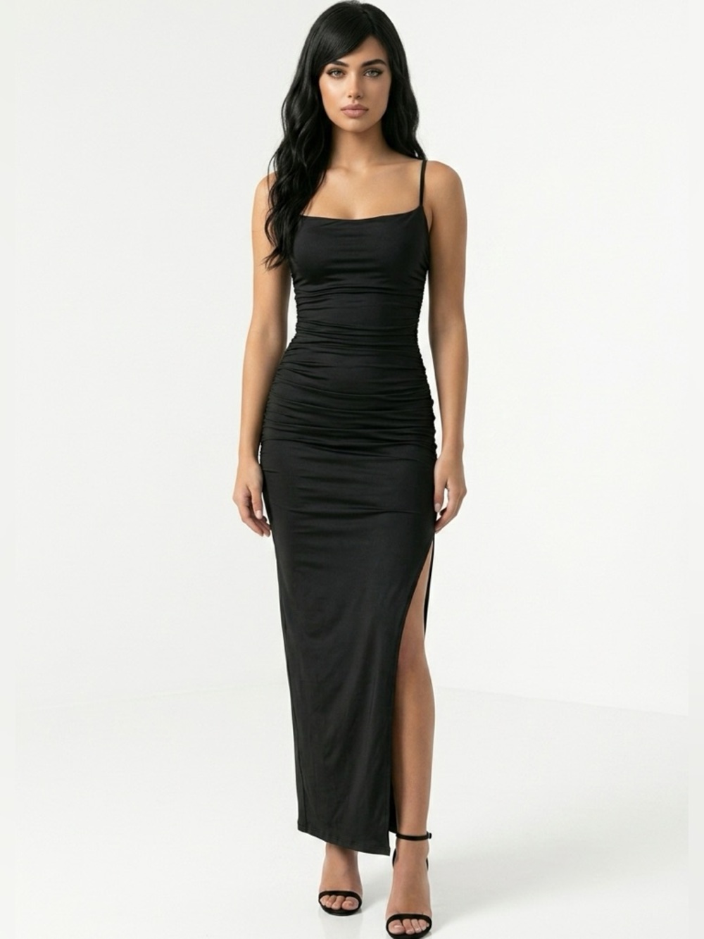 Good American Black Satin Ruched Tie-Strap Maxi dress (Large) Size 3 $149